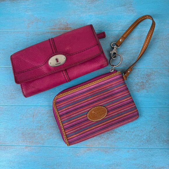 Fossil Striped Wristlet & Maddox Pink Leather Trifold Wallet Vintage - Picture 1 of 5